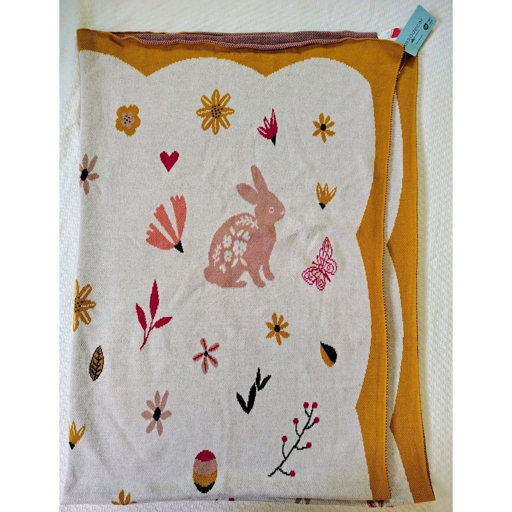 Kassadecor 100% Cotton Knit Throw Floral Bunny 70x50 Natural Fiber Easter